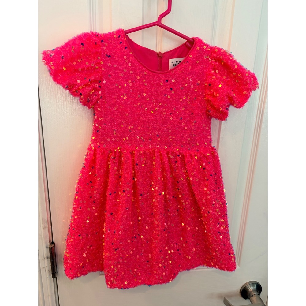 Lola + The Boys Dress Neon Pink Sequin Fuzzy Flutter Sleeve Party Birthday 4
